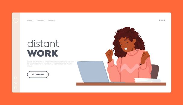 Distant Work Landing Page Template. Joyful Woman Character Smiling While Working On Her Laptop, Radiating Positive Energy And Contentment while doing her Tasks. Cartoon People Vector Illustration - Vector, Image