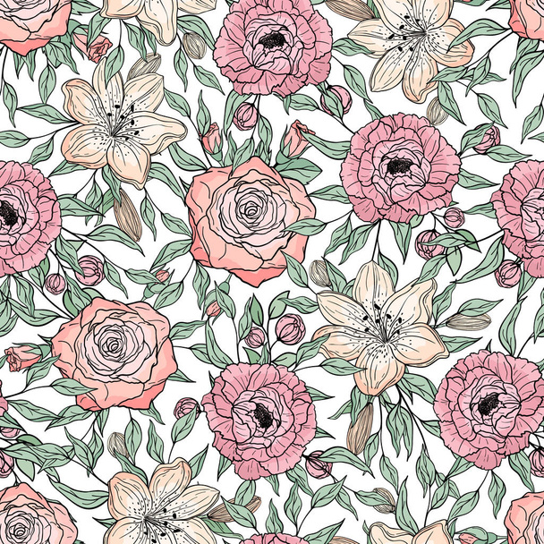 Handgetekend naadloos patroon van bloeiende pioen, roos, lelie. Kleurrijke bloemen en takken met bladeren. Decoratieve bloemen vector illustratie voor wenskaart, behang, inpakpapier, stof - Vector, afbeelding