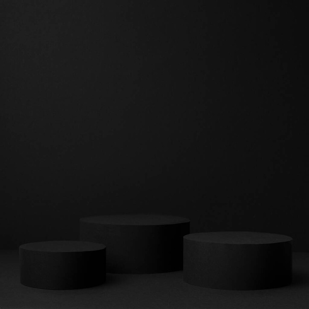 Abstract black stage with three round podiums mockup for presentation cosmetic products, goods, advertising, design, sale, text, display, showing, soft gradient in contemporary urban style, square. - Foto, immagini
