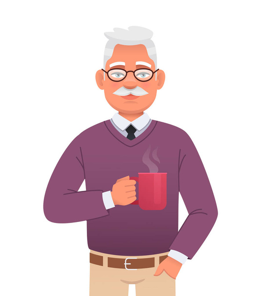 Handsome elderly gray-haired man with a mustache and glasses is holding a cup of hot coffee. Old grandpa at breakfast. Portrait of a successful confident businessman. Vector cartoon illustration on a white background. - Vetor, Imagem