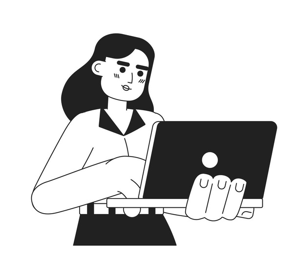 Young adult woman with laptop smiling monochromatic flat vector character. Female secretary working. Editable thin line half body person on white. Simple bw cartoon spot image for web graphic design - Vector, imagen