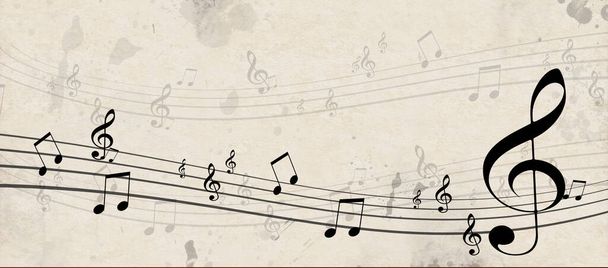 classical music poster with music notes on old paper background for music flyers cards and posters - Фото, изображение