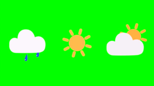 Joukko animoituja kuvakkeita sääennuste, aurinko, pilvet, sade vihreä chroma keskeinen tausta. Laadukas 4k kuvamateriaalia - Materiaali, video