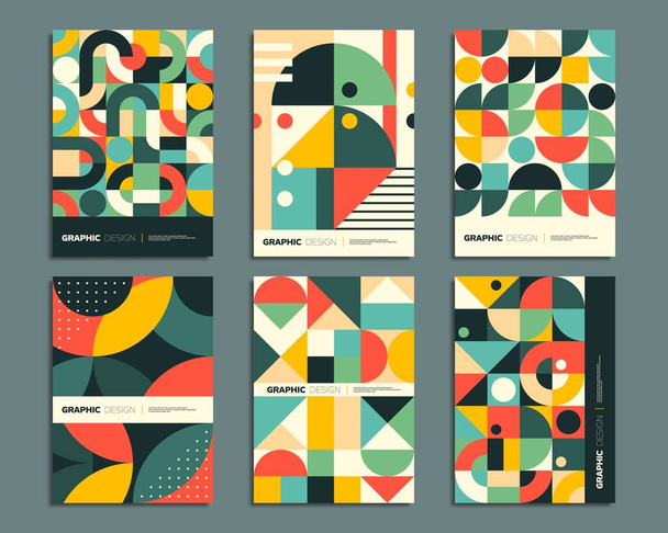 Carteles de Bauhaus con patrones geométricos abstractos de círculos vectoriales, cuadrados, triángulos y formas de puntos. Conjunto de fondos de geometría de color simple retro para artes murales modernas, tarjetas y cubiertas - Vector, imagen