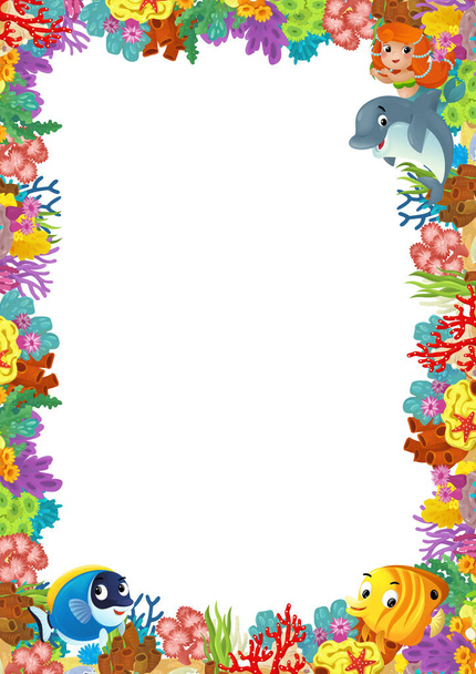 cartoon scene with coral reef and happy fishes swimming near mermaid princess isolated illustration for kids - 写真・画像