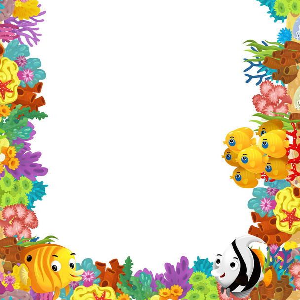 cartoon scene with coral reef and happy fishes swimming near isolated illustration for kids - Foto, Imagen