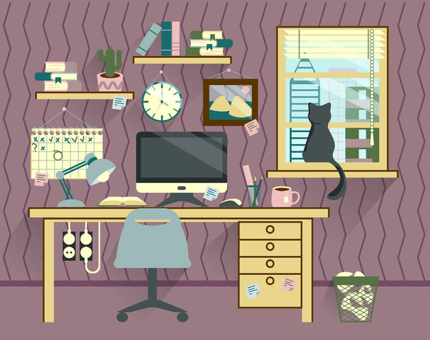 紫色の背景に多くの文房具と自宅やオフィスのインテリアのマネージャー作業スペース - 写真・画像