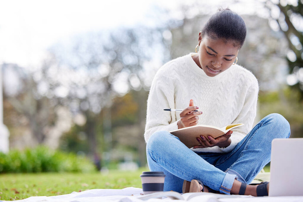 Estudante feminina, laptop e escrita em notebook no parque para a faculdade com conhecimento em um close-up. Mulher, estudar e reservar com tecnologia ao ar livre para uma educação na universidade com aprendizagem - Foto, Imagem