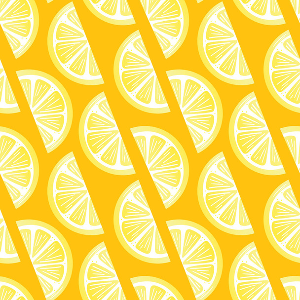 Rebanada de limón patrón de repetición de vector sin costura con fondo naranja, impresión de frutas tropicales - Vector, imagen