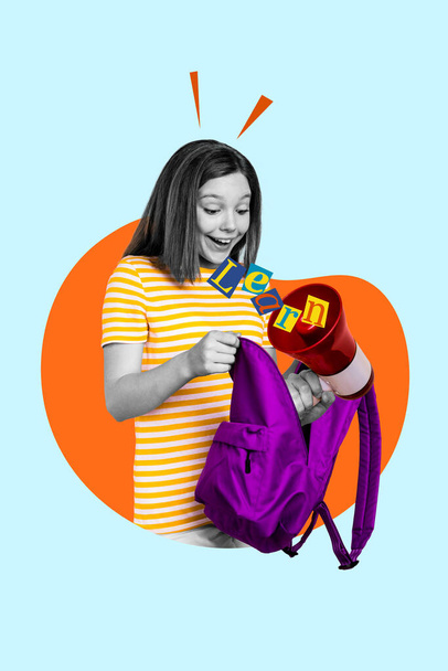 Vertical photo collage 3d artwork of young schoolgirl open her backpack find megaphone announce knowledge day isolated on blue background. - Foto, Imagen