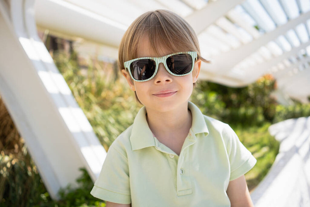 Portrait of a cheerful little boy in sunglasses - Fotoğraf, Görsel