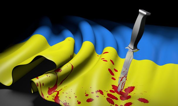Krise in der Ukraine und Russland durch ein blutiges Messer in der ukrainischen Flagge dargestellt - Foto, Bild