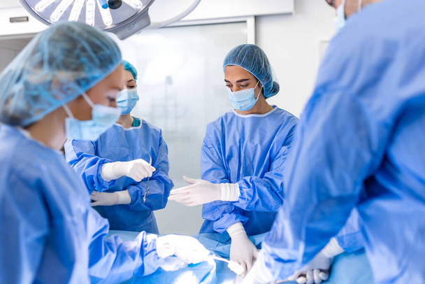 Kirurginen tiimi suorittaa leikkauksen modernissa leikkaussalissa, Leikkauksen aikana potilaaseen keskittyvä lääkärien ryhmä, Leikkauksen aikana yhdessä työskentelevä lääkäreiden ryhmä
, - Valokuva, kuva