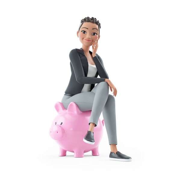 3d character woman sitting on piggy bank, illustration isolated on white background - Photo, Image