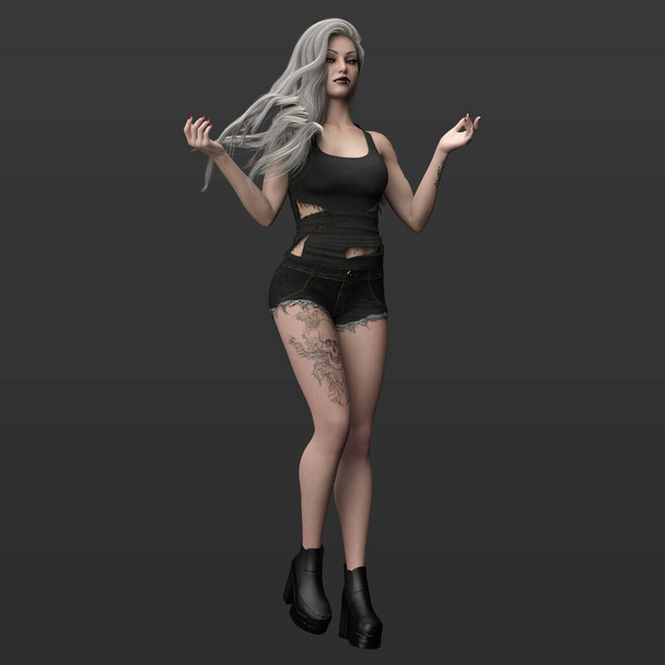 Ilustración 3D de la hermosa bruja de fantasía urbana caliente con camisa rota y pantalones cortos con tatuajes y pelo largo gris plateado aislado sobre fondo oscuro - Foto, imagen