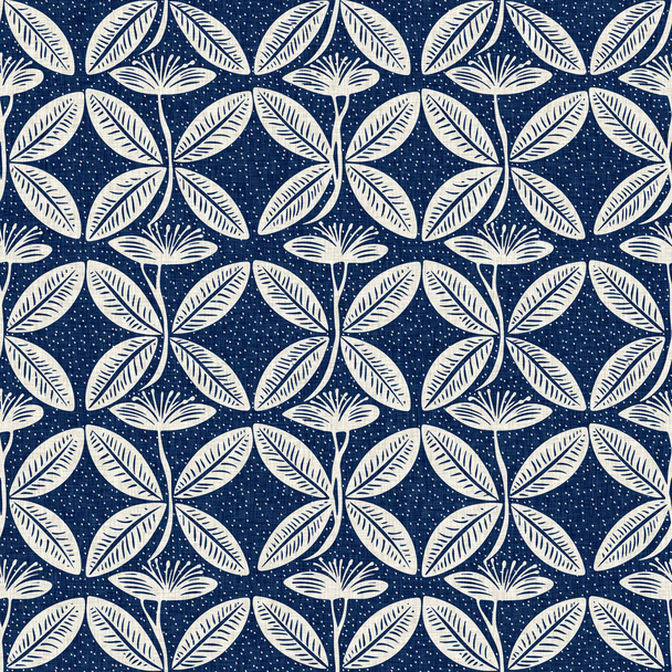Mannelijke indigo bloemenprint linnen naadloos patroon. Overdruk van marine blauw katoen effect bloem linosnede stof achtergrond - Foto, afbeelding