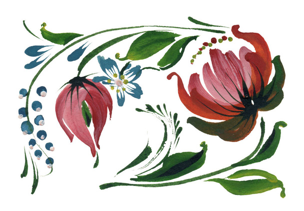 Floral collage in Ukrainian folk painting style Petrykivka. Watercolor flowers and leaves isolated on a white background - Foto, Imagen