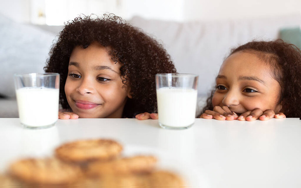 Час закуски. Щасливі афроамериканські сибірські дівчата обідають разом, дивлячись на смачне печиво і молоко в окулярах на столі вдома. П'ятнадцять дітей насолоджуються здоровими закусками. Концепція харчування
 - Фото, зображення