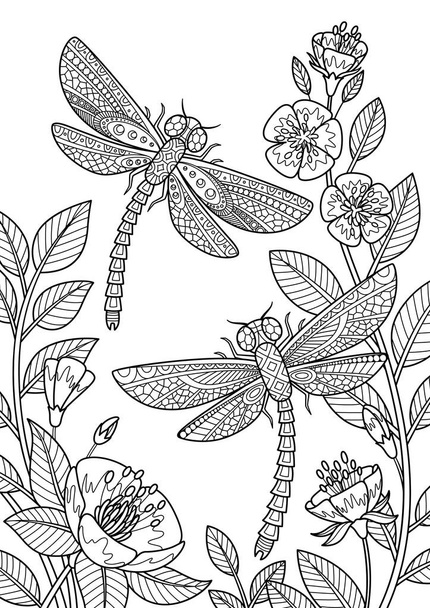 Doodle zbarvení vážky létání v květinách. Černobílý zúhlený vektorový obrázek. Skladový vektor - Vektor, obrázek
