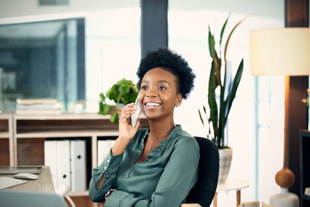 Phone call, business and black woman talking, smile and conversation with contact. Smartphone, happy and African female professional networking, discussion or communication, listen and chat in office. - Zdjęcie, obraz