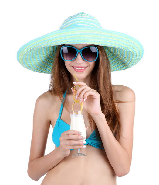Beautiful young woman in swimsuit with cocktail isolated on white - Foto, Imagem