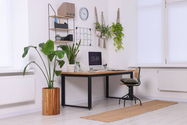 Cozy workplace with computer, modern furniture and houseplants at home - Photo, image