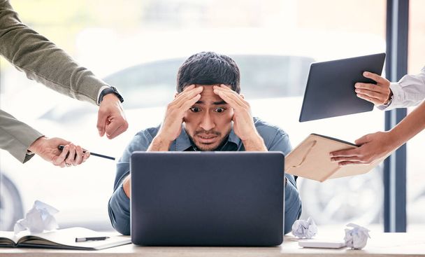 Stress, confused and chaos of man on computer for headache, anxiety or mental health, reading mistake or fail. Risk, laptop and worried manager of time management, business questions and people hands. - 写真・画像