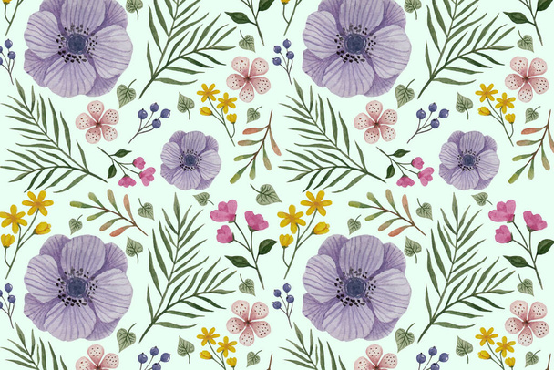 Seamless floral pattern with flowers Anemone in vintage watercolor style and decor of golden texture. Vector illustration on white background. - Vector, Image