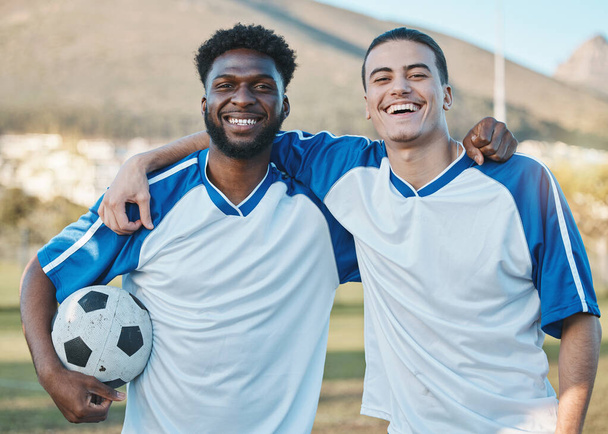 Sports team, soccer ball and smile portrait on field for fitness training or game outdoor. Football player, club and diversity athlete men or friends together for competition, workout or challenge. - Photo, Image