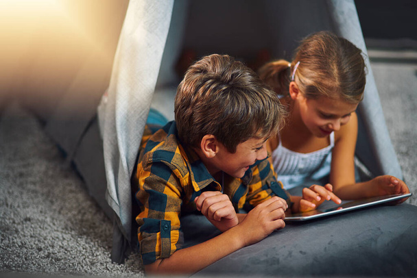Spending some quality time with my sister. an adorable little boy and girl using a tablet together while chilling in a homemade tent in the living room at home - Foto, Imagem