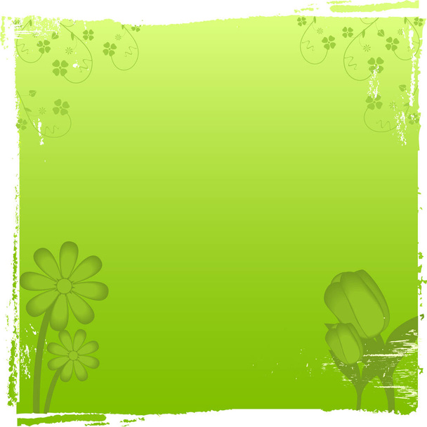 Distressed green background with tulips and daisies - Vector, afbeelding