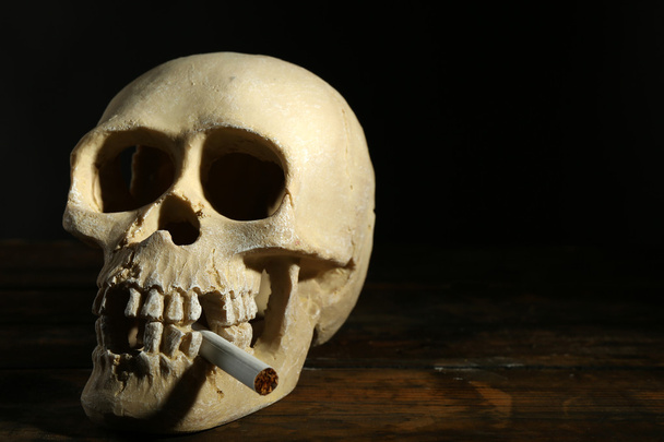 Smoking human scull with cigarette in his mouth on dark background - Foto, imagen