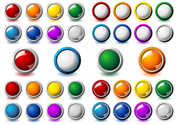 Suit of interface round buttons with different colors and metallic frame over white background - Vettoriali, immagini