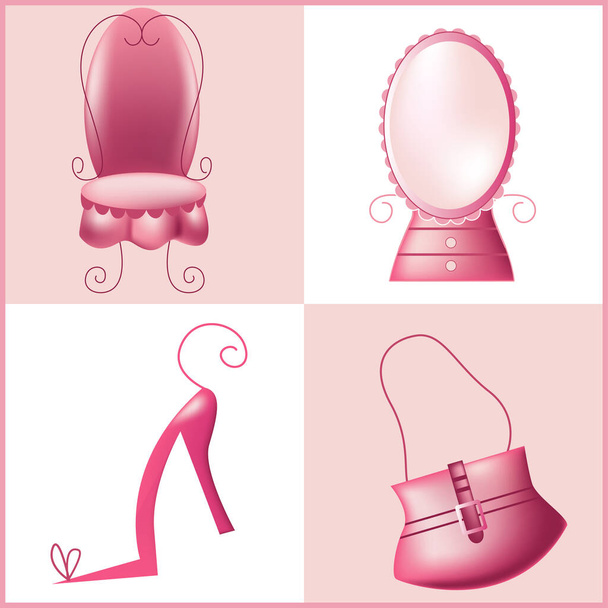A vector illustration of a chair, mirror with table, stiletto, and a handbag. - Vetor, Imagem