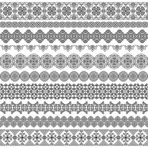 Set of vector brushes with fancy oriental ornament. For book page design, text decoration, invitations, greeting cards, certificates, borders, frames. Narrow, wide brushes. Repeating seamless pattern - Vector, Image