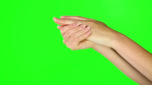 Green screen, isolated and woman with cream on hands for skincare, moisturising and cosmetics. Luxury product, moisturiser and hand model rubbing lotion for skin care treatment, manicure and wellness. - Πλάνα, βίντεο