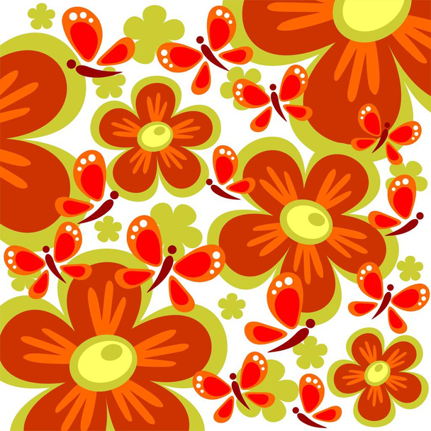 Cartoon red flowers and butterflies on a white background. - Vektor, kép