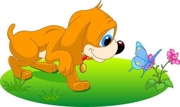 The nice puppy plays with the butterfly - Vector, Image