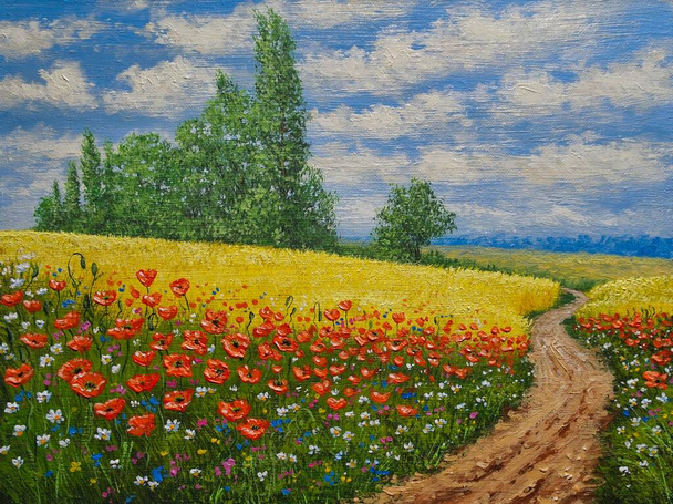 Pinturas al óleo paisaje rural, campo de amapolas y flores - Foto, Imagen