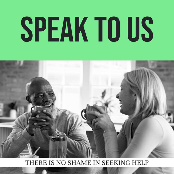 Composition of speak to us, there is no shame in seeking help texts and diverse couple. Mental health awareness and help concept digitally generated image. - Photo, image