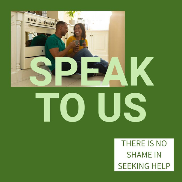 Composition of speak to us, there is no shame in seeking help texts and biracial couple. Mental health awareness and help concept digitally generated image. - Photo, image