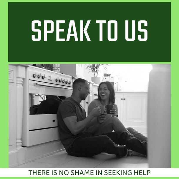 Composition of speak to us, there is no shame in seeking help texts and biracial couple. Mental health awareness and help concept digitally generated image. - Photo, image