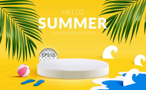 Olá verão moderno palco pódio sobre papel corte praia tema decoração fundo amarelo. Ilustração vetorial - Vetor, Imagem