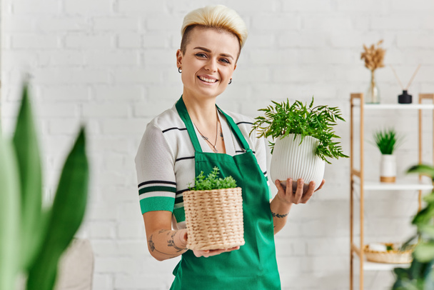 esprit éco-conscient, femme tatouée excitée avec un sourire radieux tenant des pots de fleurs avec des plantes d'intérieur vertes et regardant la caméra dans un appartement moderne, décor durable et concept de vie verte - Photo, image