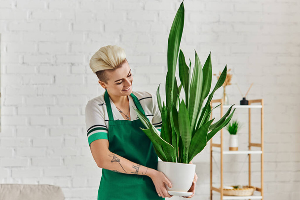 jonge en vrolijke getatoeëerde vrouw met trendy kapsel houden exotische plant in bloempot in modern appartement, eco-bewuste mindset, duurzame home decor en groen woonconcept - Foto, afbeelding