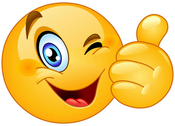 Happy emoji emoticon winking and showing thumb up, like gesture - Wektor, obraz