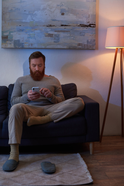 puhelimen selailu, mobiili vuorovaikutus, parrakas mies, jolla on punaiset hiukset älypuhelimen avulla, istuu sohvalla maalaus seinällä, tohvelit matolla, yö, lampun valo, vapaa-aika, digitaalinen ikä  - Valokuva, kuva