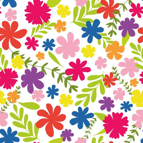 Bílý šťastný a barevný květinový bezproblémový vektorový vzor. Květinový vektorový vzor s barevnými květy a listy. Barevný květinový design - Vektor, obrázek