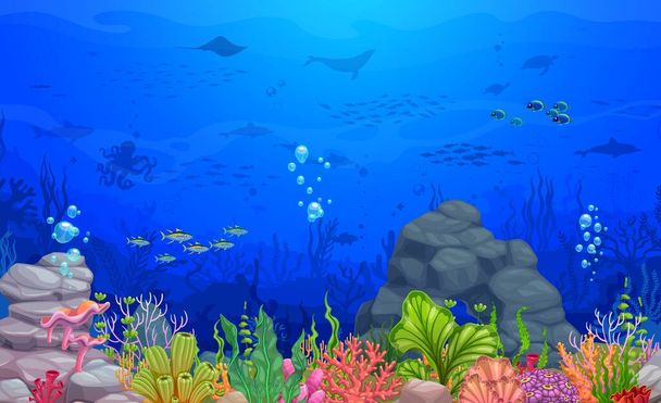 Dessin animé paysage sous-marin, niveau jeu. Fond vectoriel avec fond marin, poissons, coraux, plantes, rochers et animaux. Plancher océanique tropical, scène aquatique marine, monde sous-marin avec biodiversité - Vecteur, image