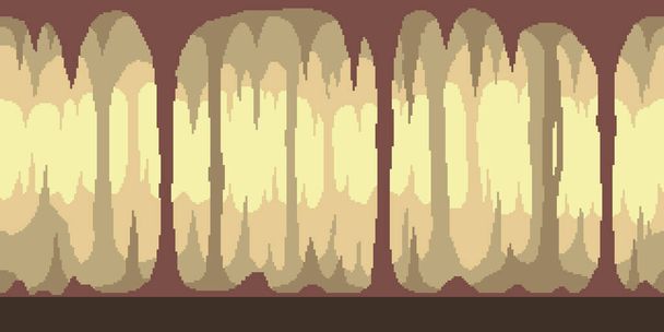 Colorful simple vector pixel art horizontal illustration of cave of stalagmites and stalactites in the style of retro platformer video game level - Vector, Image